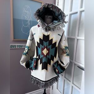 🌻five-stitched by tina- 
One-of-a-Kind Upcycled Southwestern Woven Hoodie Jacket